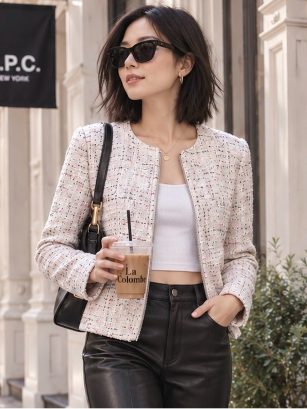 TCEC White Metallic Tweed Cropped Zip Front Jacket ~ Small
